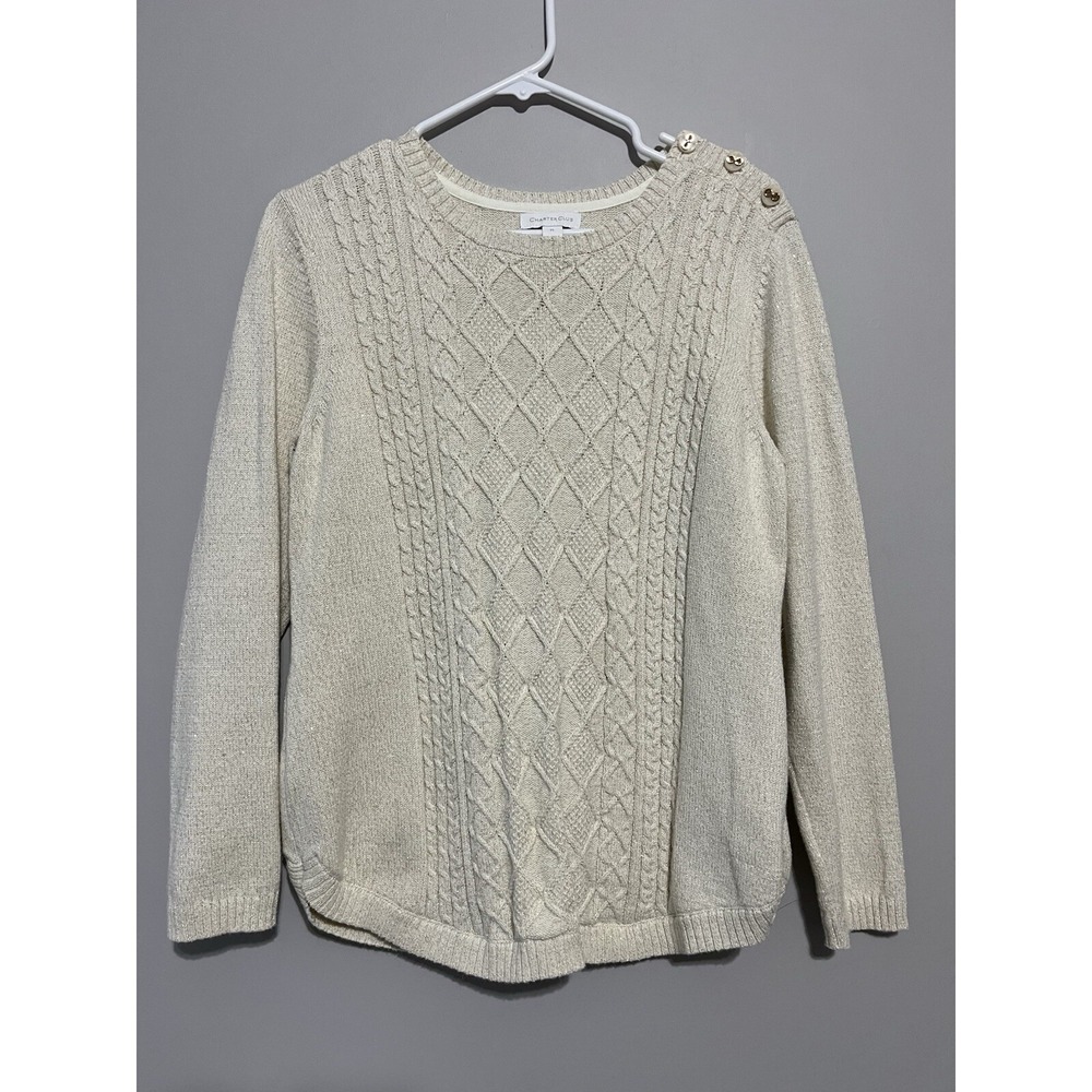 Charter Club Metallic Cable Knit Sweater Cream PL Sparkle Fisherman Buttons